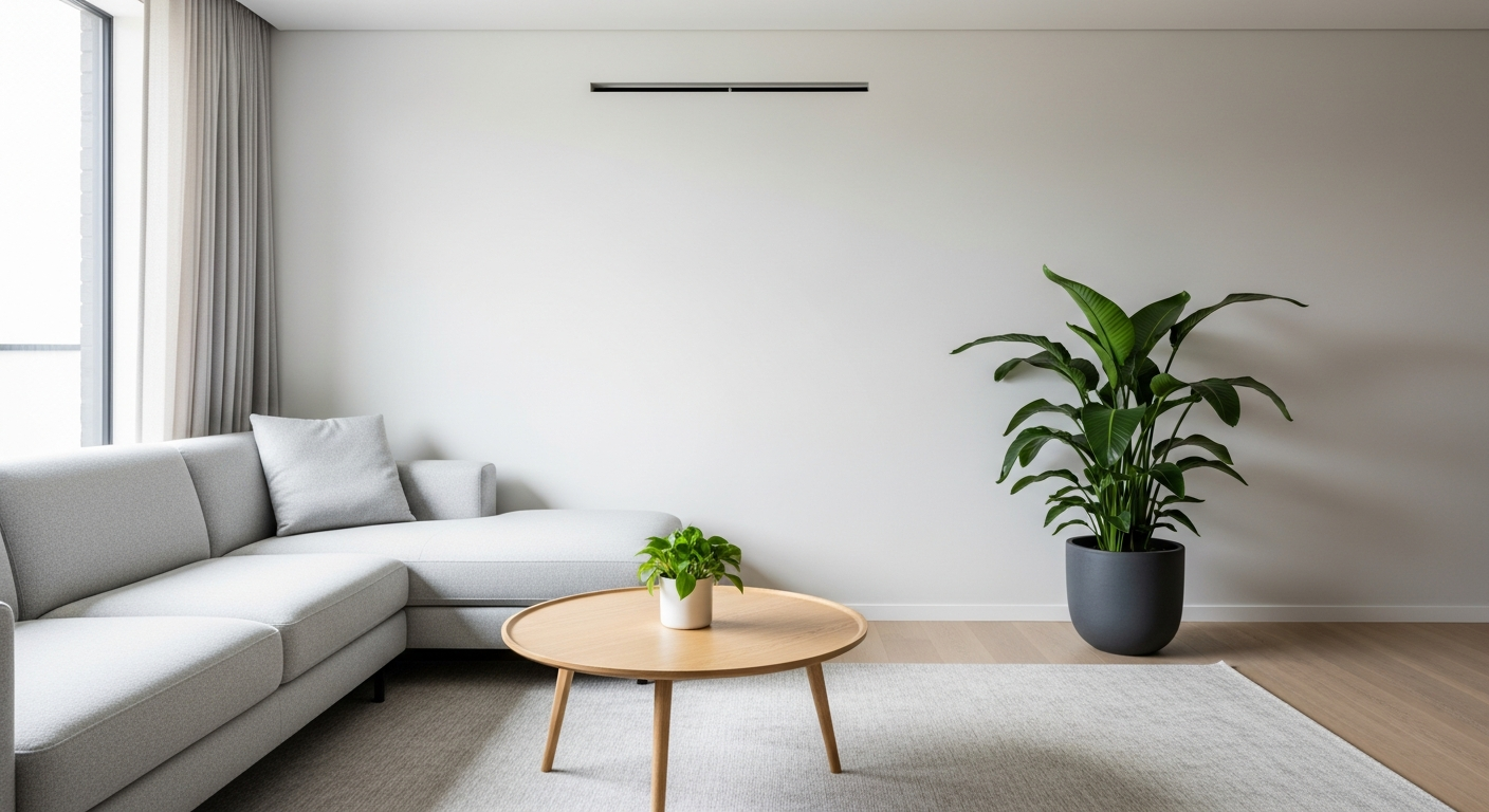 gizli koku A modern, minimalist living room with hidden air vents, clutter-free surfaces, and a subtle sense of freshness, showing a well-maintained interior with soft natural light