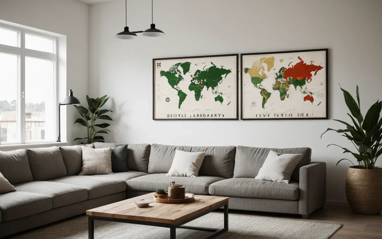 A modern minimalist living room with neutral tones, soft natural lighting, and decorative plants, capturing a clean and fresh atmosphere