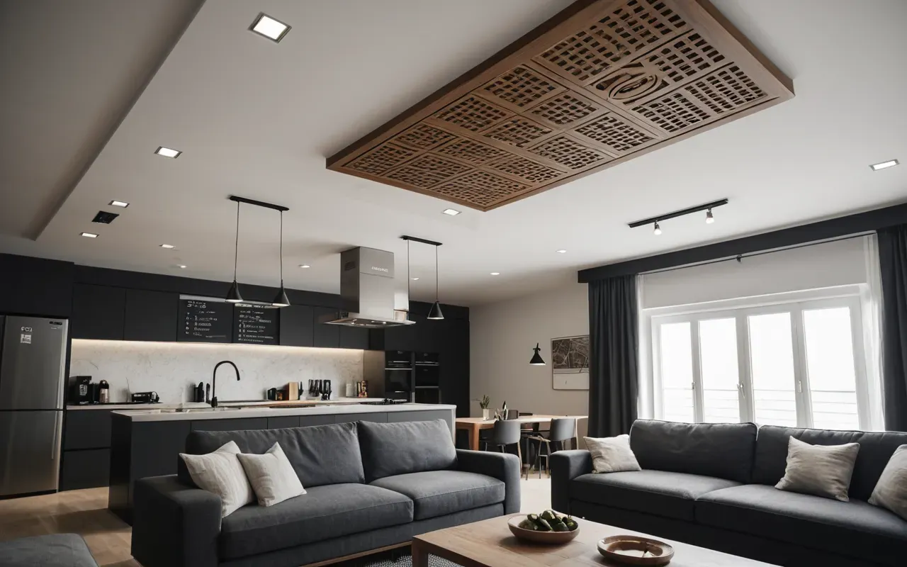 A modern ventilation system integrated into a contemporary living room ceiling, clean lines, neutral colors, soft ambient lighting