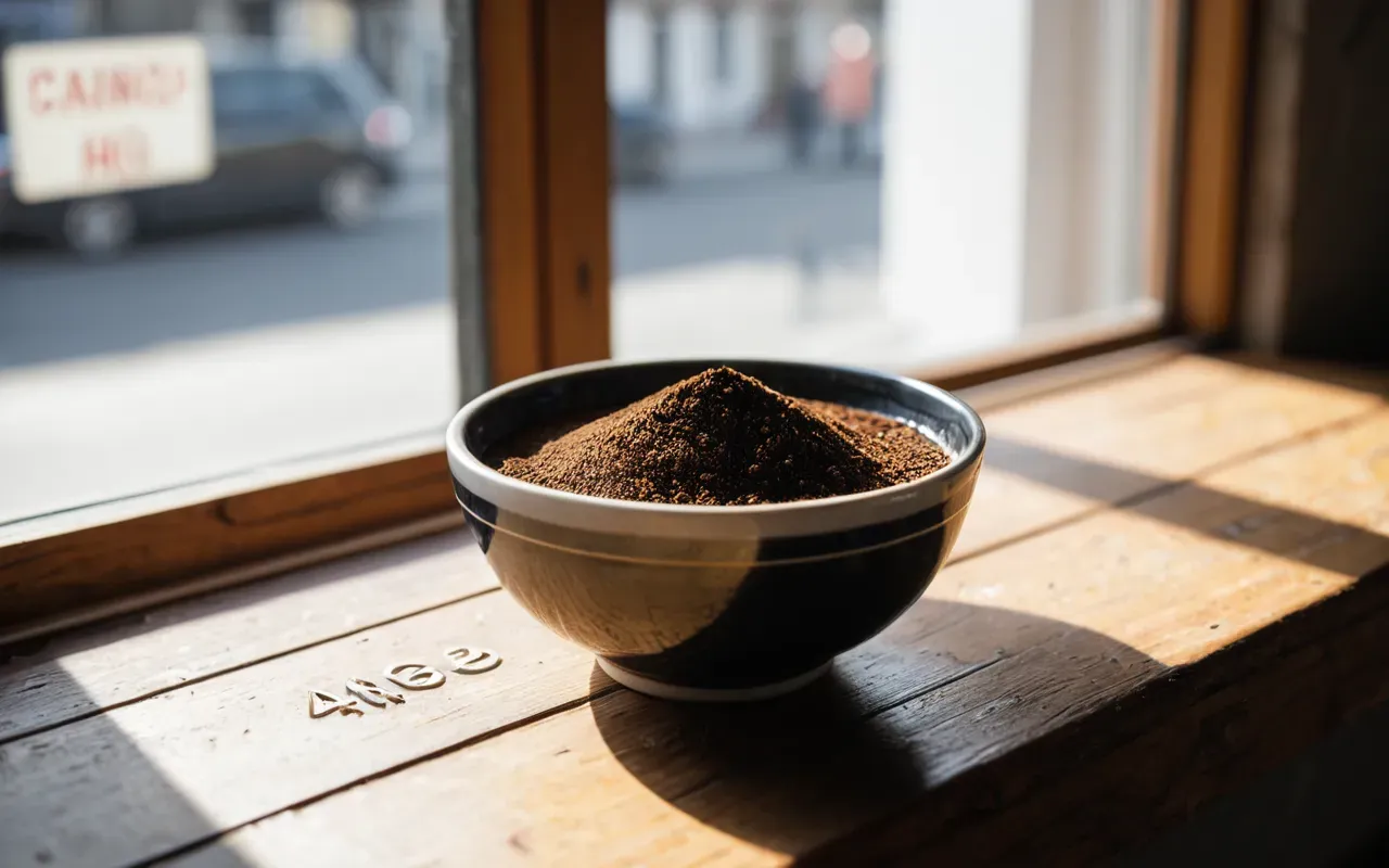 kahve telvesi ve kabartma tozu A small ceramic bowl filled with dark used coffee grounds and white baking powder sitting on a bright wooden windowsill with morning sunlight streaming in, creating a warm and natural atmosphere.