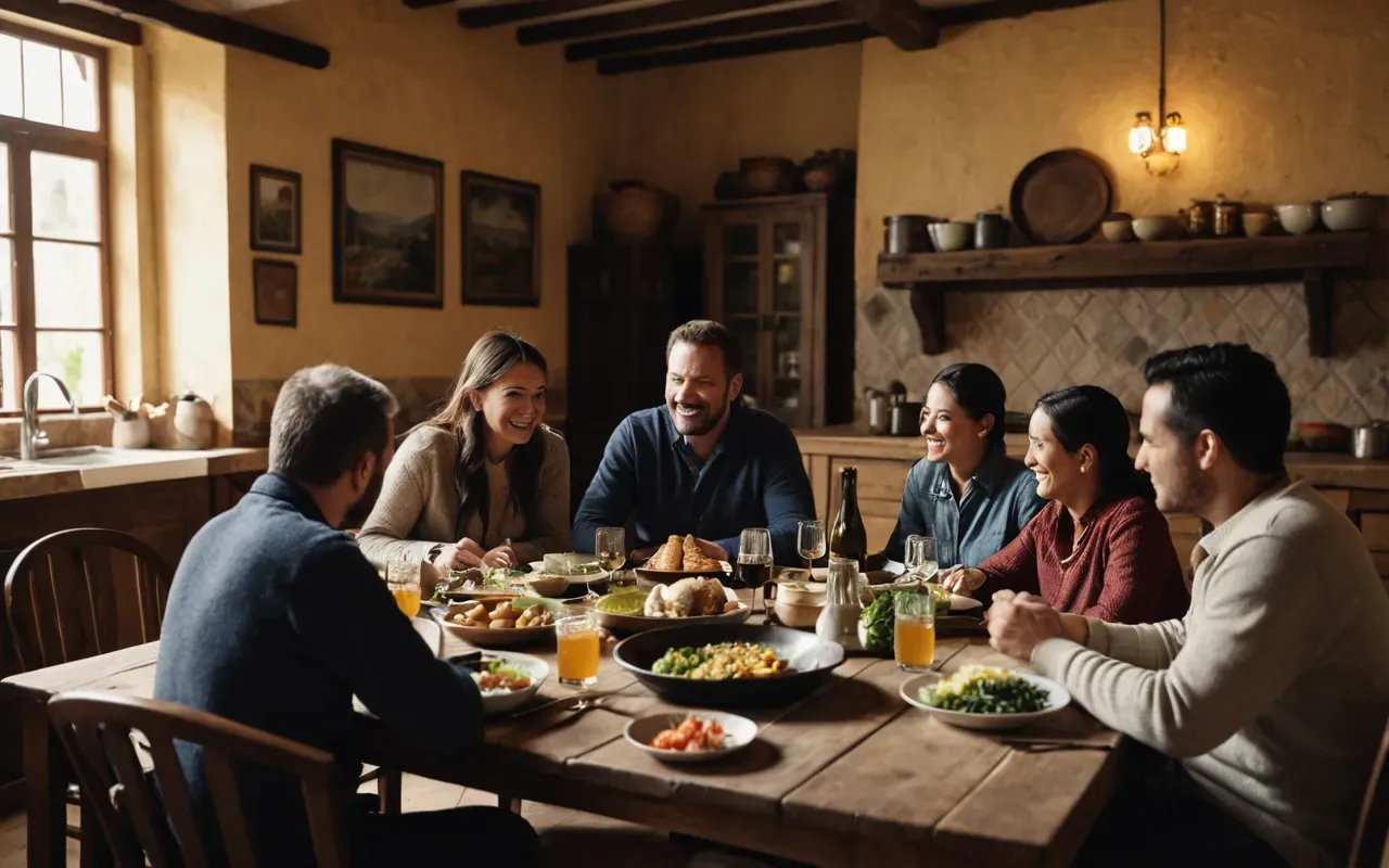 evde bakım maaşı aile A warm, inviting kitchen scene with a family gathering around a table, sharing a meal. The lighting is soft and natural, creating a cozy atmosphere. The focus is on the interaction and connection between the family members. No text or people faces are clearly visible.