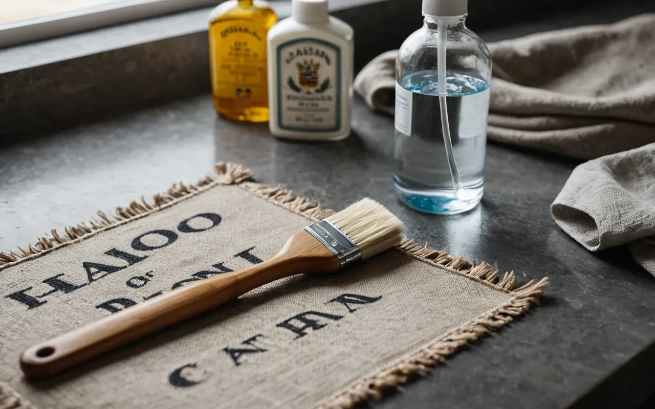 Aesthetic flat lay of cleaning supplies including a wooden scrub brush, a glass spray bottle with water, and a linen cloth on a light gray surface, bright natural light