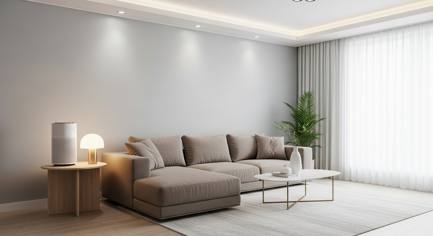 hava temizleme cihazı An image of a modern living room with an air purifier on a side table, ambient lighting, and minimalistic decor, creating a fresh and clean atmosphere.