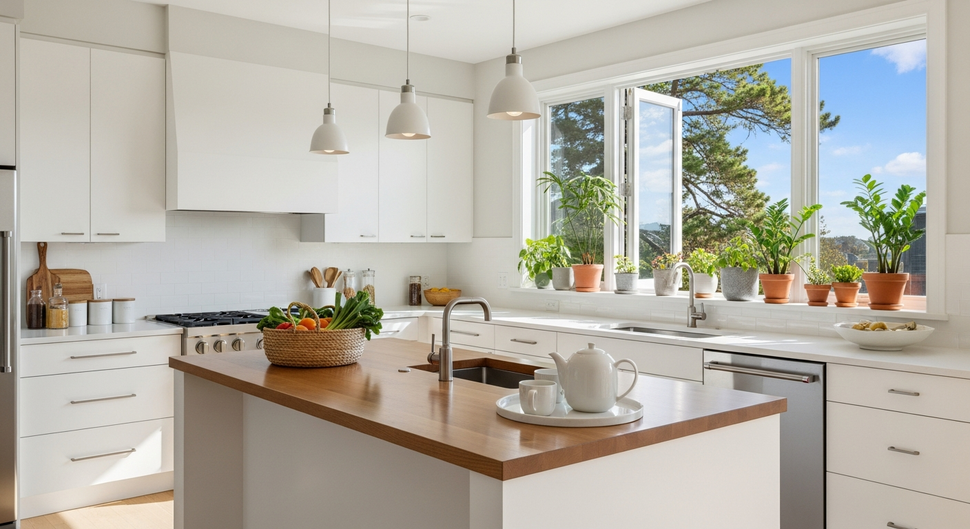 doğal koku giderici Bright, airy kitchen with natural potted plants, sleek modern decor, and an open window allowing fresh air to circulate, emphasizing a clean and odor-free environment.