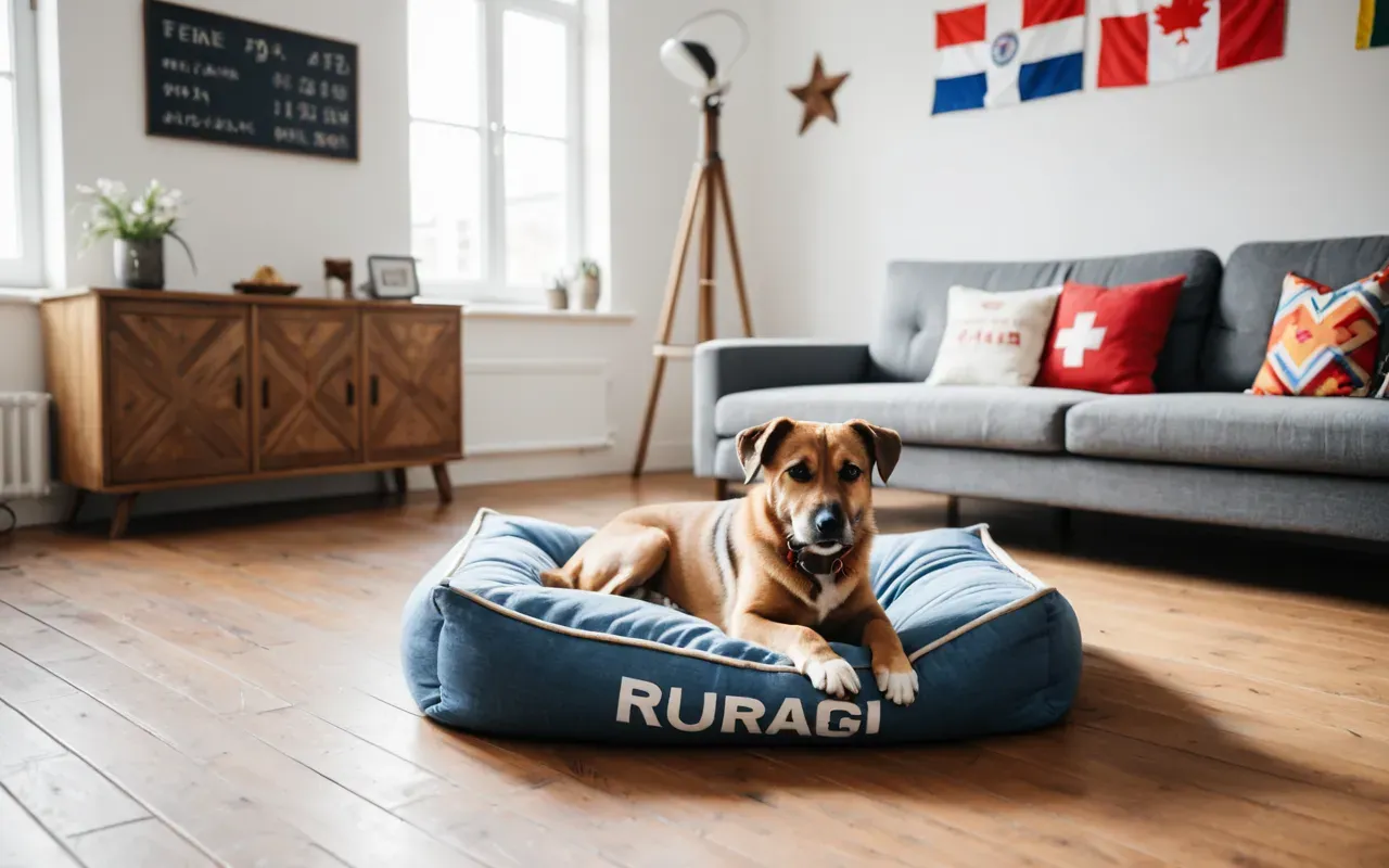 evcil hayvan kokuları Bright and airy modern living room with a cozy dog bed in the corner, sunlight illuminating clean wooden floors, minimalist decor, soft neutral tones, editorial style, no text, no people