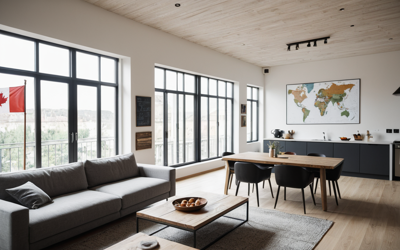 Bright modern living room interior with minimalist furniture, large windows, and soft natural daylight, clean aesthetic