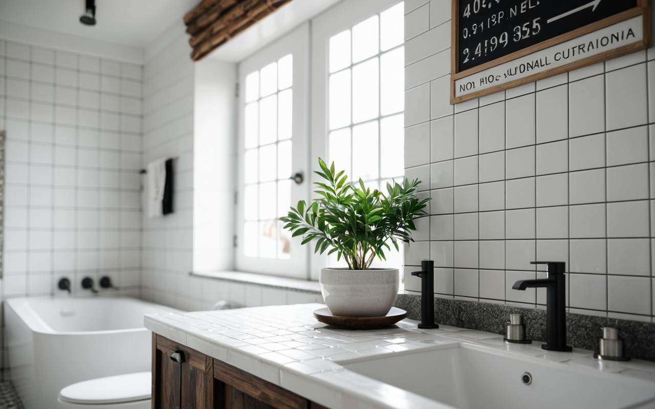 Clean bathroom interior with white tiles, modern fixtures, and a small green plant on the counter, bright and airy