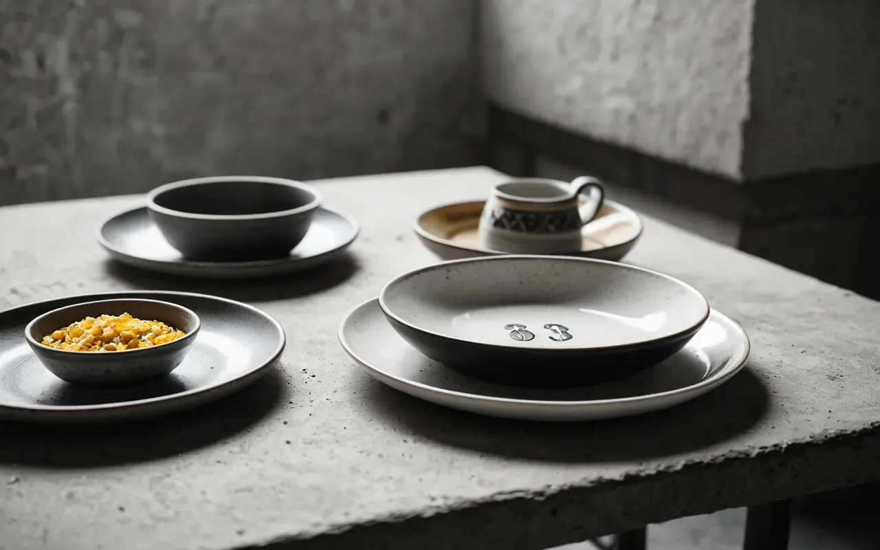 ev temizliği rutinleri Clean editorial still life of ceramic dishware on a concrete surface, diffused soft light, monochrome neutral tones