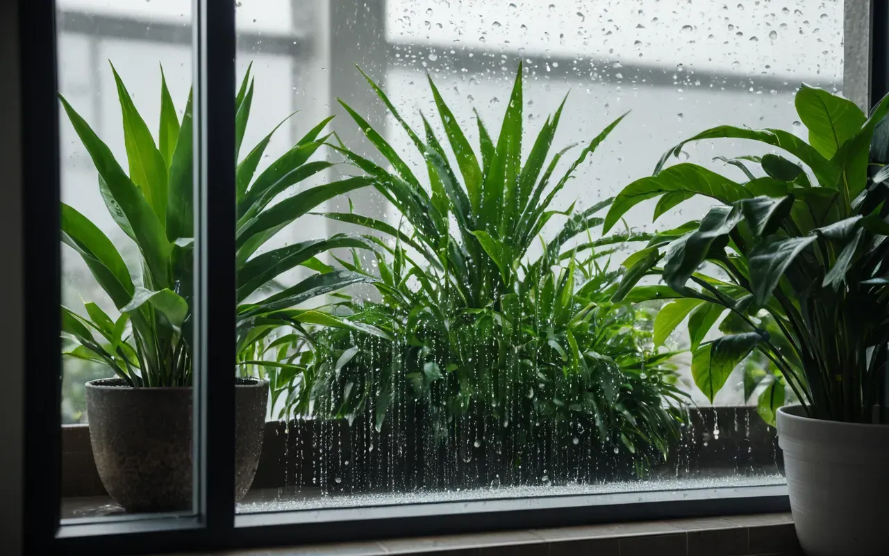 Close up editorial photograph of a modern bathroom window with condensation on glass revealing fresh green plants and soft natural daylight streaming through clean white curtains