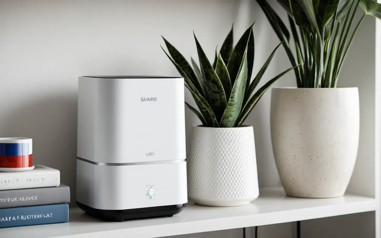 Close up editorial photograph of a sleek modern air purifier device on white shelf next to potted snake plant and ceramic vase under soft diffused lighting