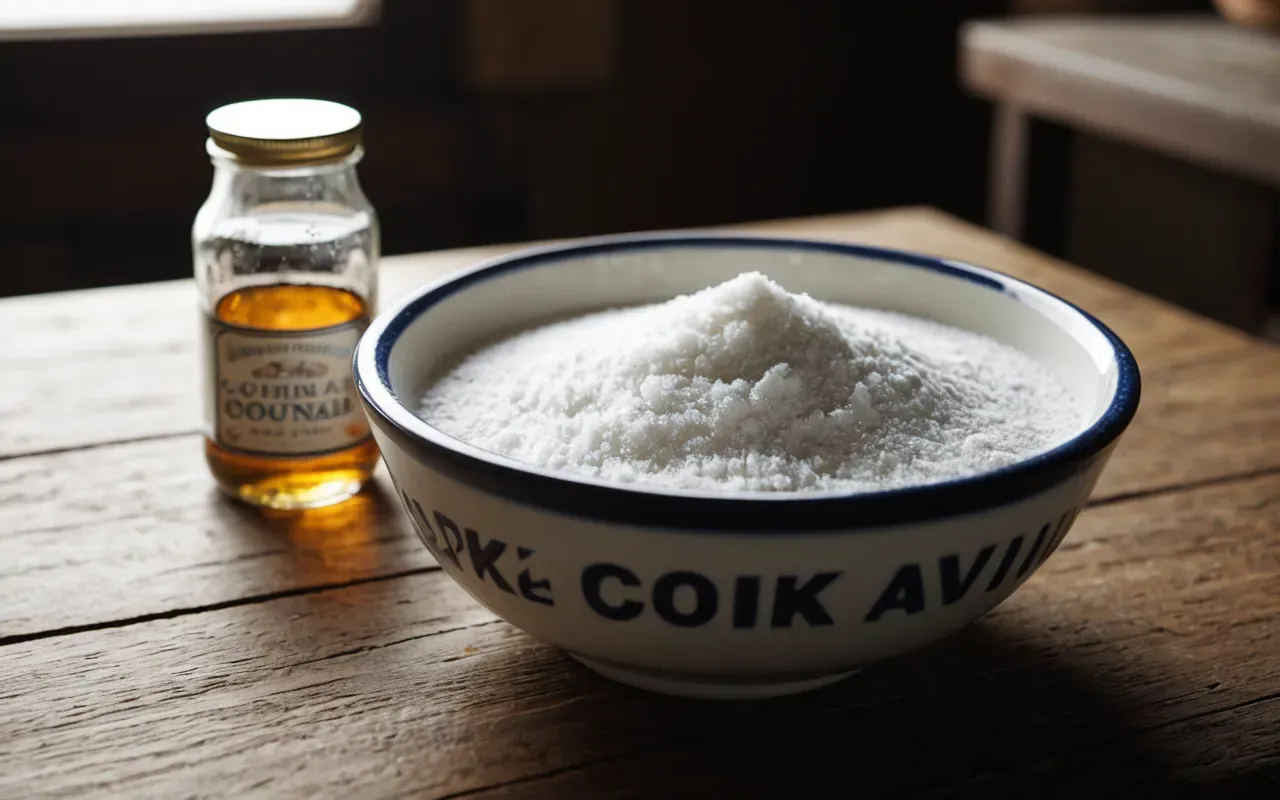 doğal temizlik ürünleri Close-up of a ceramic bowl filled with baking soda and a small glass bottle of white vinegar on a clean wooden table, soft natural lighting