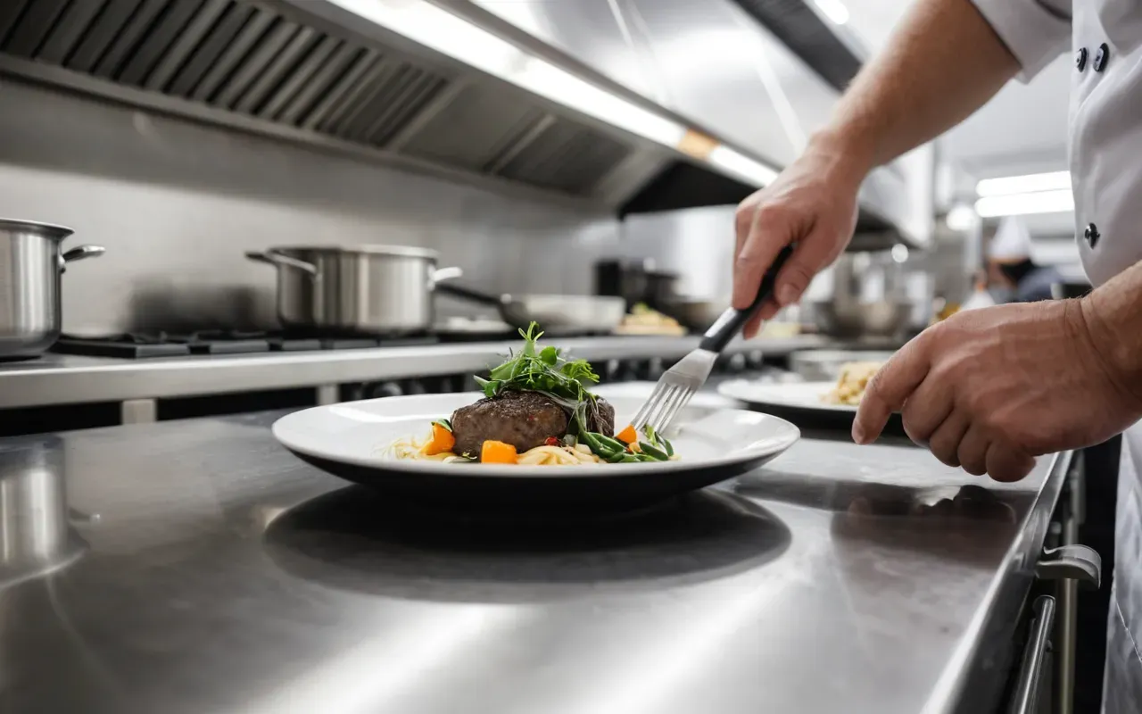mutfak düzeni Close-up of a chef plating contemporary cuisine in a clean stainless-steel professional kitchen, shallow depth of field