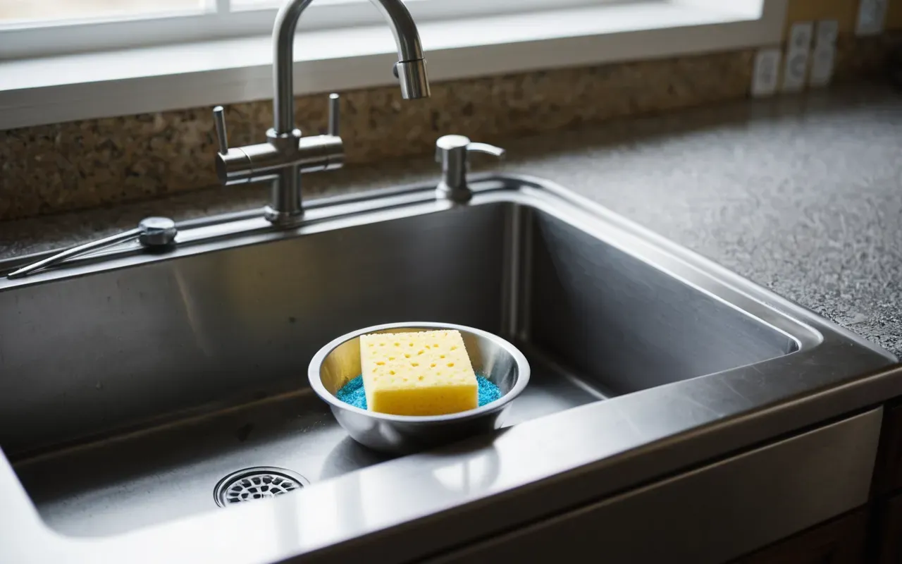 Close-up of a clean stainless steel sink with a sponge and a small bowl of baking soda on the edge, bright lighting, high detail