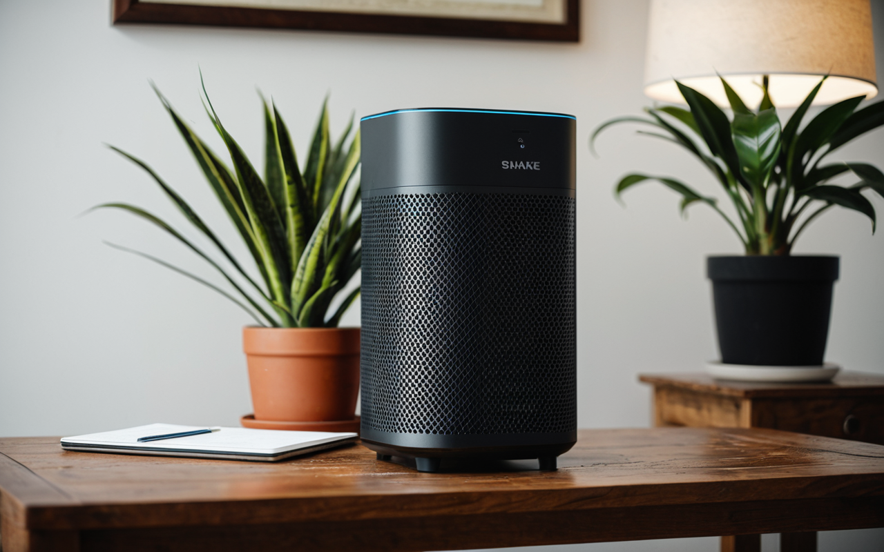 Close-up of a modern air purifier device on a wooden table next to a potted snake plant, soft indoor lighting