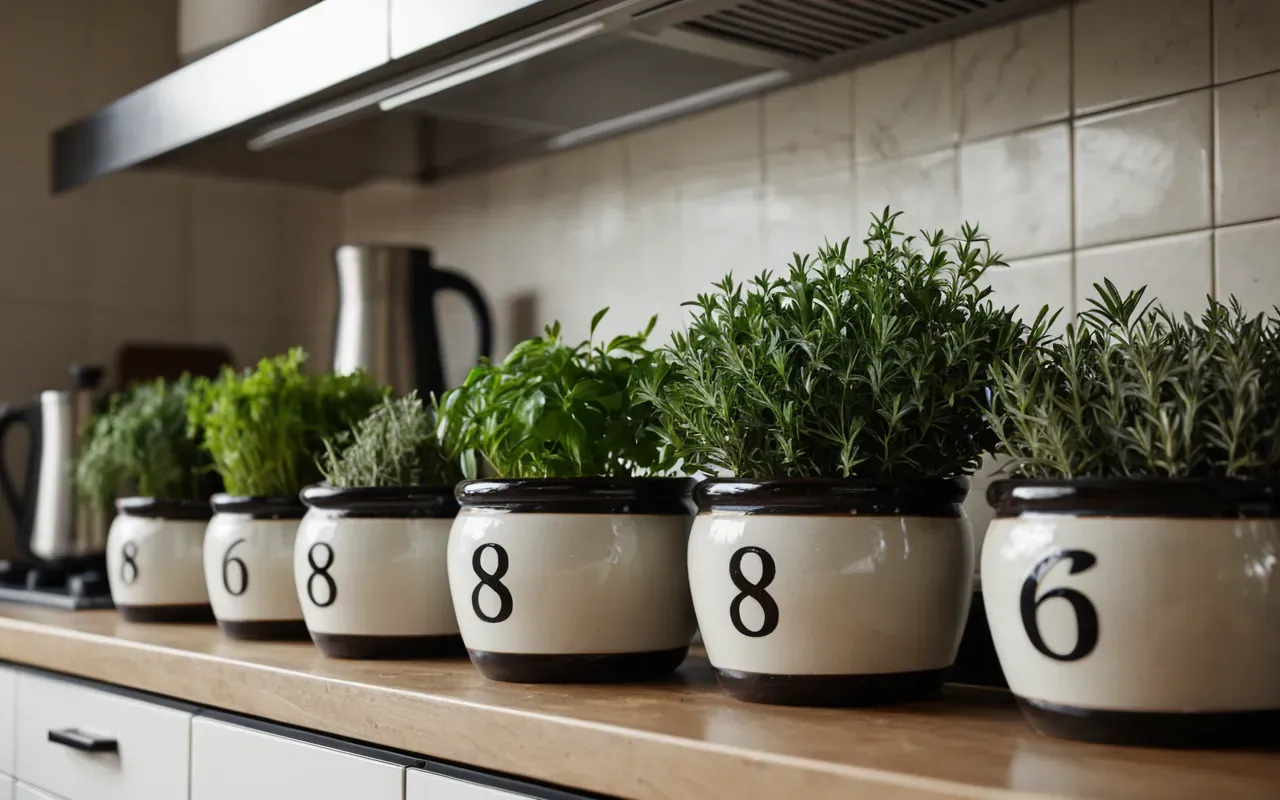 Close-up of aromatic herbs in ceramic pots on a kitchen countertop, soft diffused light, clean and modern aesthetic