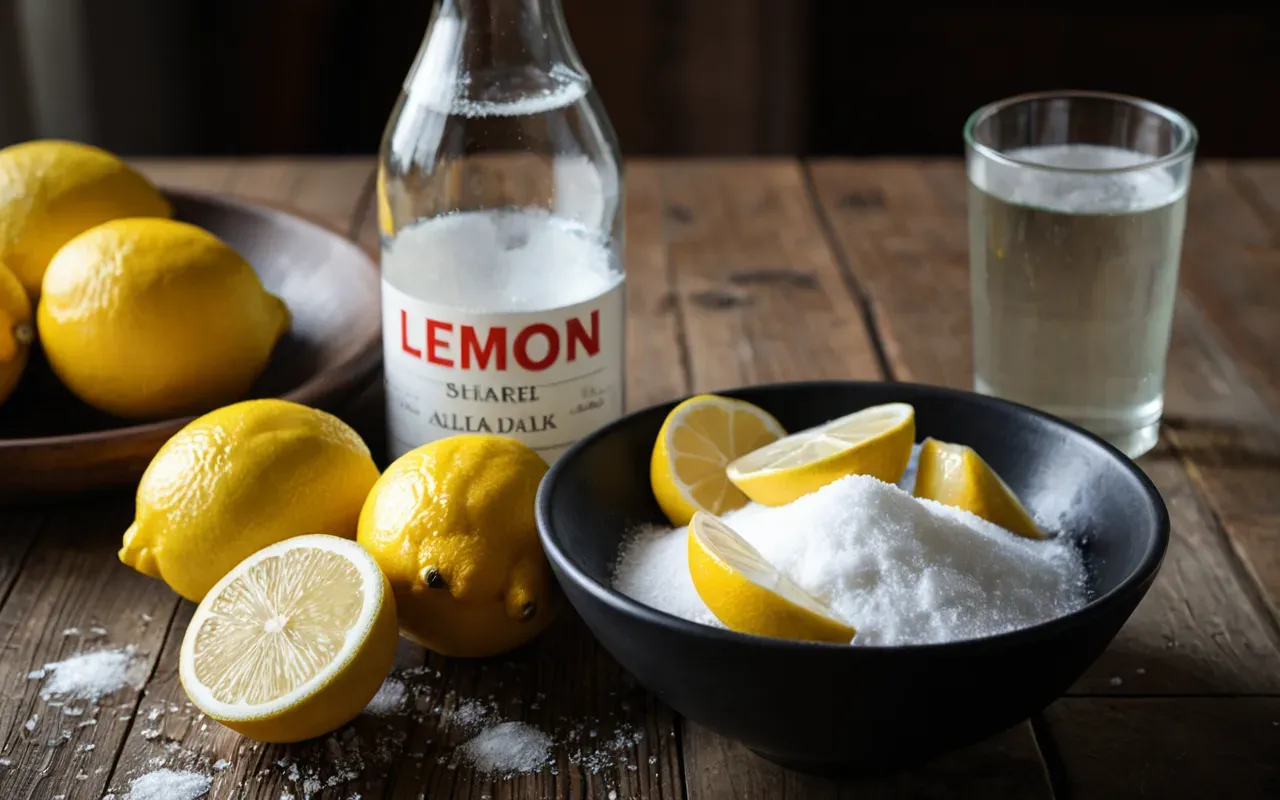 doğal temizlik malzemeleri Close-up of natural cleaning ingredients like lemon slices, baking soda in a bowl, and vinegar in a glass bottle arranged on a clean wooden countertop. Soft daylight, no text, minimalist style.