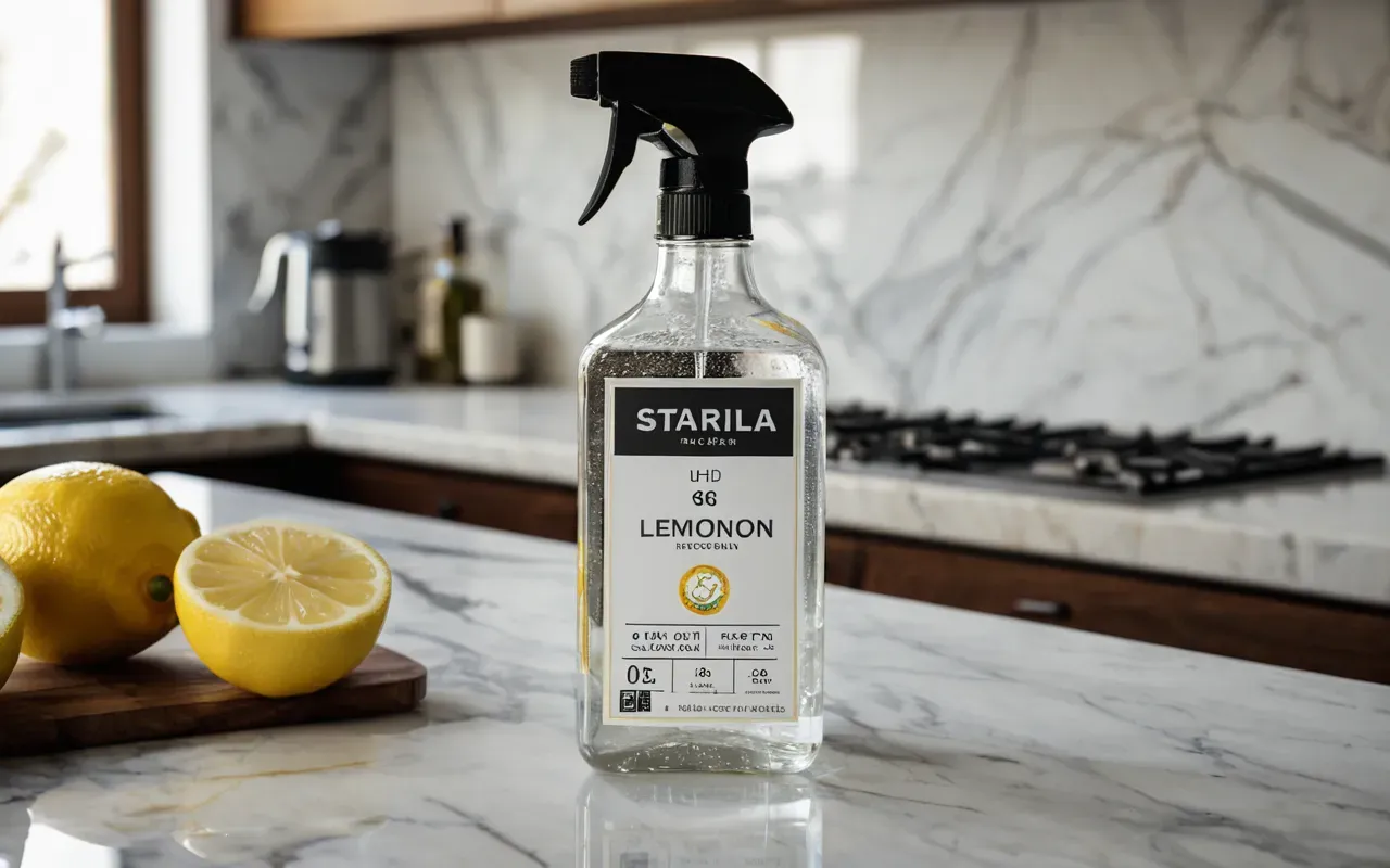 doğal temizlik malzemeleri Close-up photo of a glass spray bottle filled with clear liquid on a marble kitchen countertop surrounded by fresh lemon slices and baking soda in an open bowl under bright daylight highlighting natural cleaning ingredients.