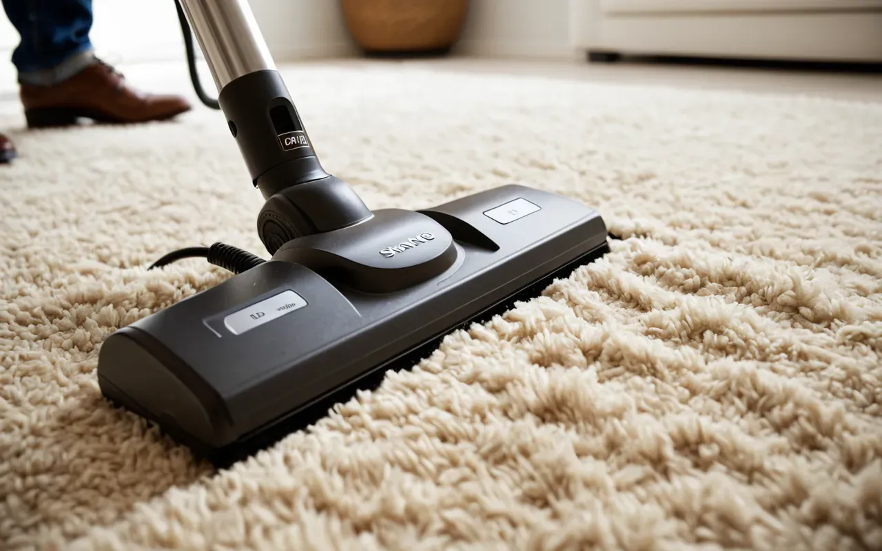 Close up photo of a soft beige rug being vacuumed by a modern upright cleaner showing fluffy texture and clean lines under bright studio lighting editorial style