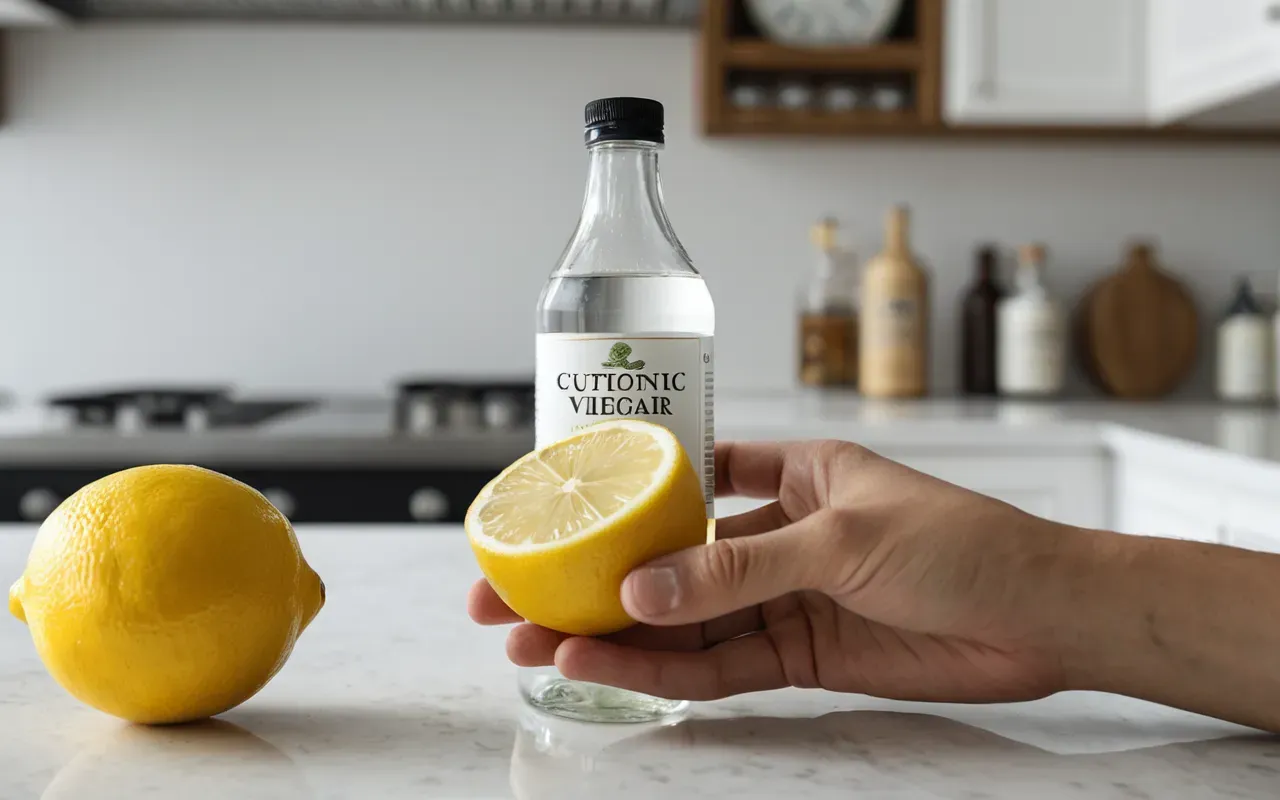 Close-up photograph of a hand holding a natural lemon slice and a bottle of white vinegar on a clean white kitchen countertop with soft natural lighting