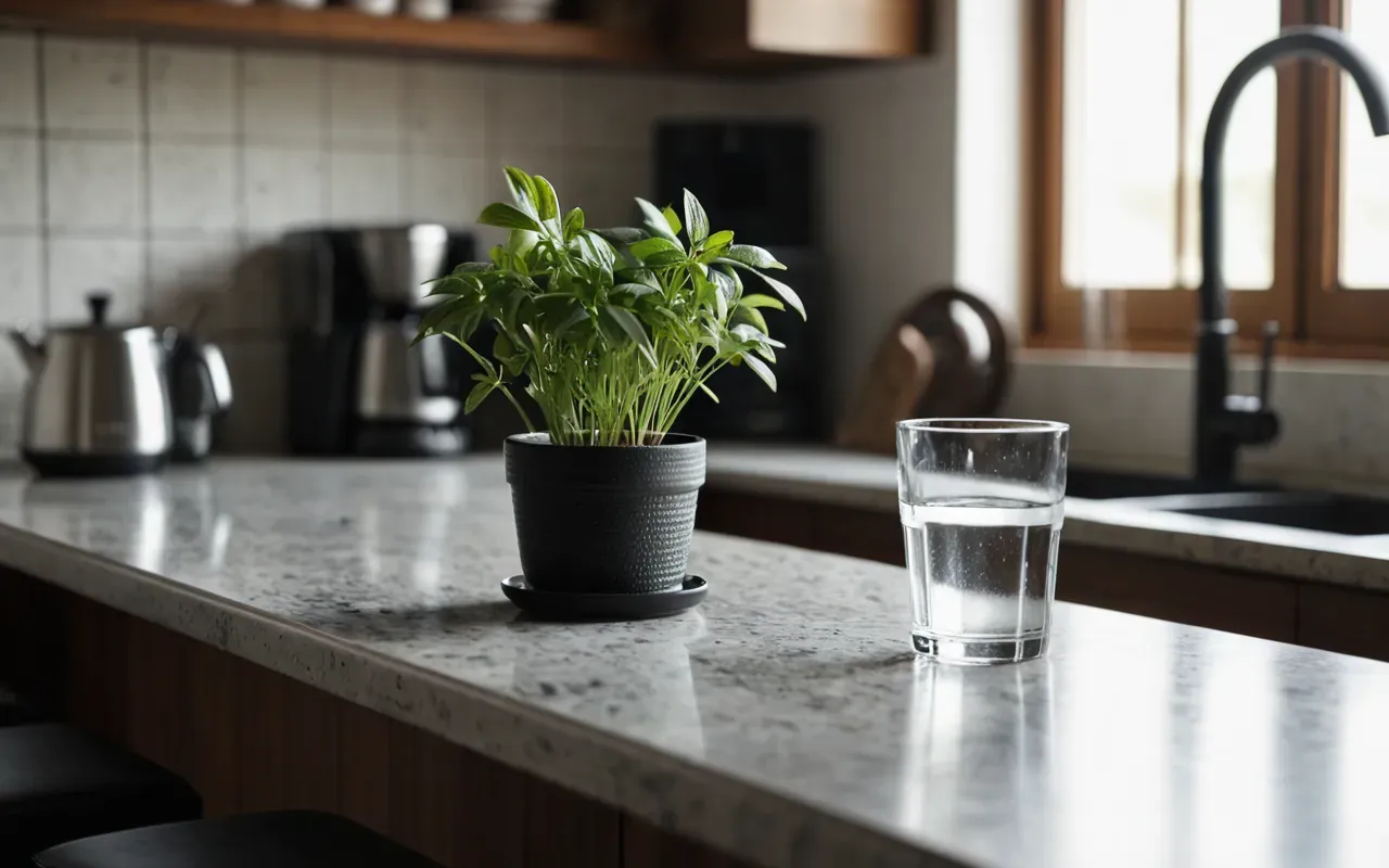 mutfak koku sorunu Close-up shot of a clean modern kitchen countertop with a glass of water, a small potted herb plant, and natural sunlight streaming through a window, minimalist style, neutral colors, editorial photography, no text, no people