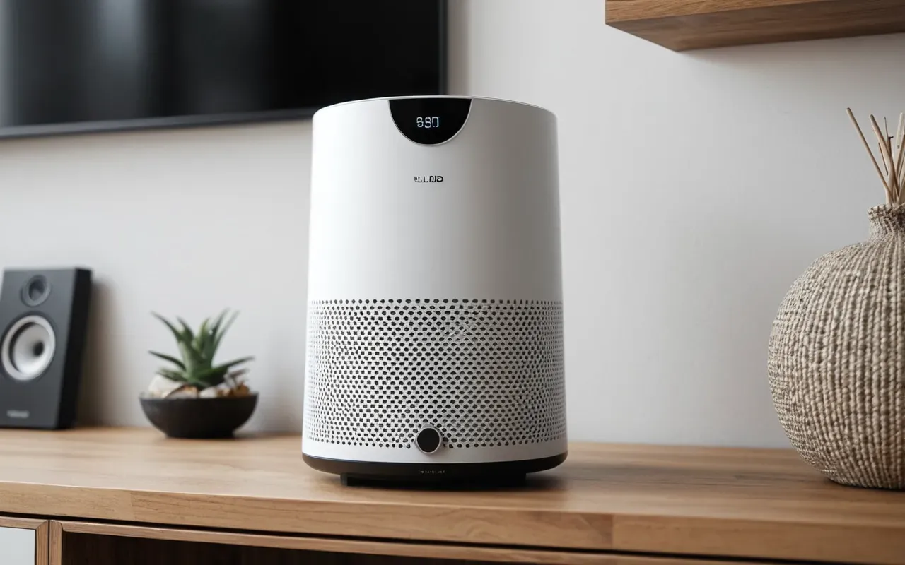 Close-up shot of a sleek, modern air purifier device on a minimalist wooden shelf in a bright living room, soft natural lighting, clean white background, editorial style