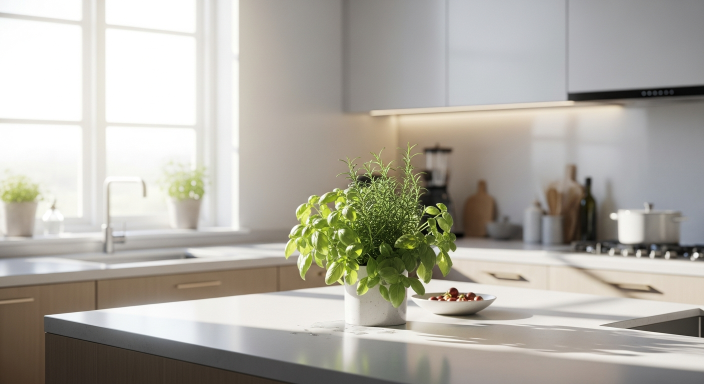 doğal koku giderici Contemporary kitchen with clean surfaces, fresh herbs on the counter, and natural sunlight illuminating the space, emphasizing cleanliness and freshness