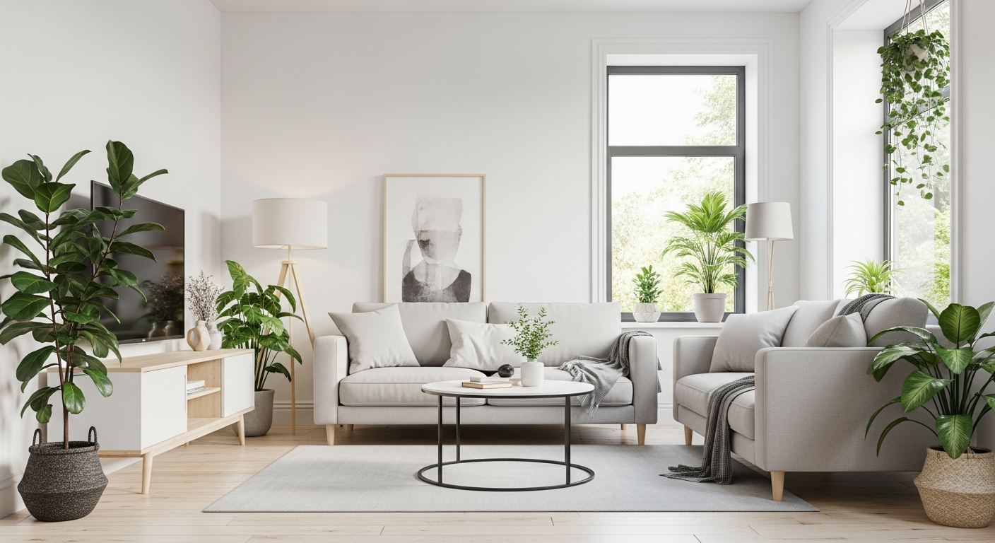 ev dekorasyonu Interior of a contemporary living room with minimalist furniture, lush indoor plants, and natural lighting, illustrating a clean and fresh environment with a touch of decorative greenery