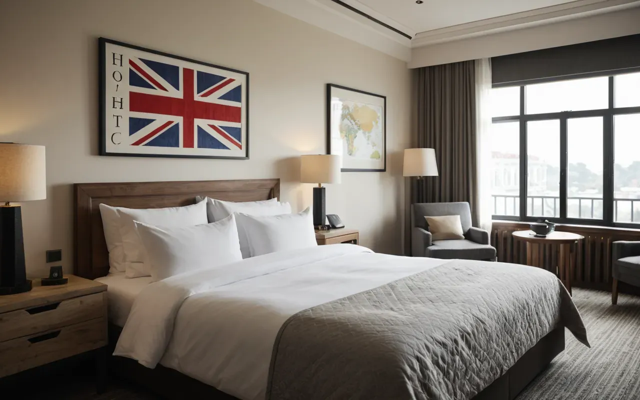 evde ferah hava Interior of a modern boutique hotel suite with made bed, neutral linens, and large windows, soft morning light