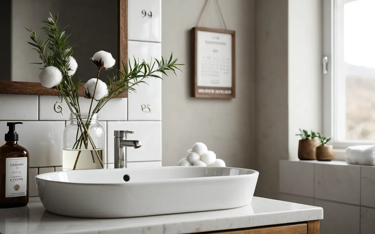 Minimalist bathroom interior with a white ceramic sink, a glass jar containing cotton balls, and a small green plant, soft diffused lighting, clean and airy