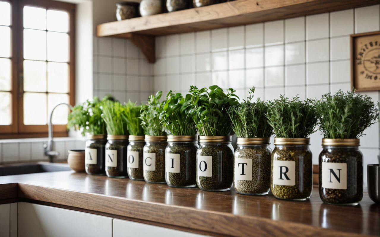 Modern kitchen countertop with fresh herbs in glass jars, bright sunlight, clean and organized setting