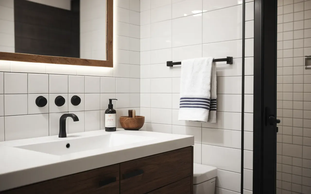 nem kontrolü Modern minimalist bathroom interior with white tiles, a neatly folded towel on a heated rack, soft diffused lighting, clean and airy atmosphere, photorealistic