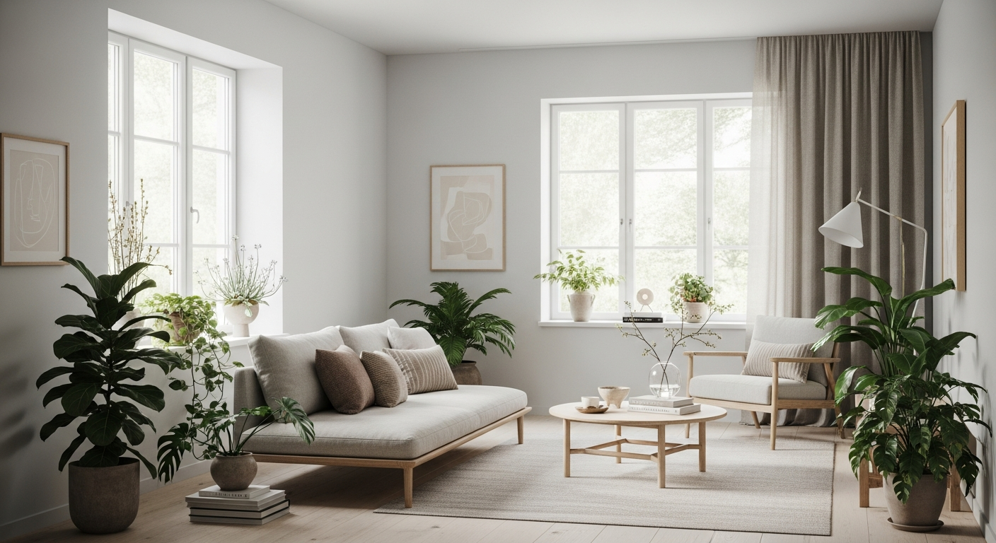 ev dekorasyonu Modern minimalist home interior with natural textiles, indoor plants, and soft daylight illuminating clean surfaces, creating a visually fresh and welcoming space