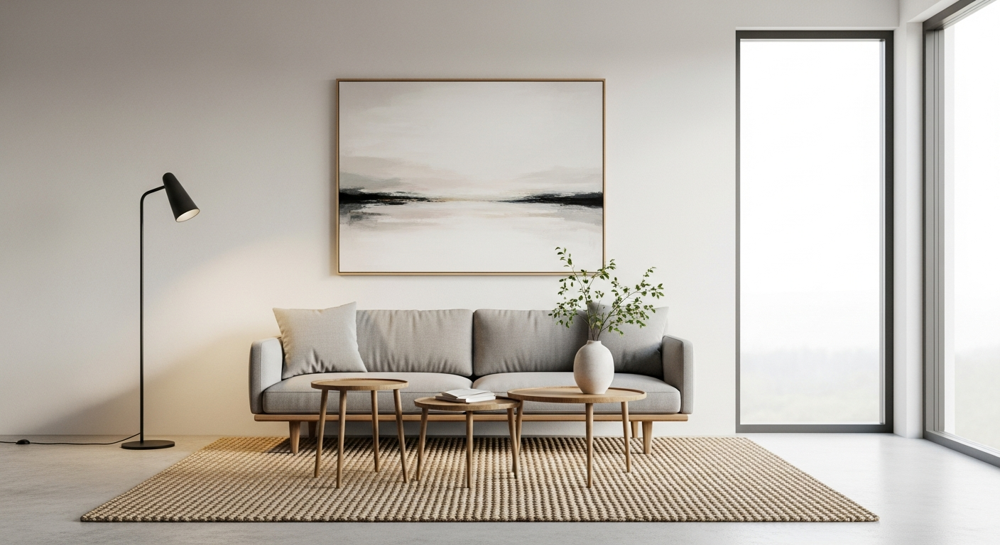 ev dekorasyonu Modern minimalist living room with fresh plants, natural light pouring through large windows, and minimal decor creating a calm and fresh atmosphere