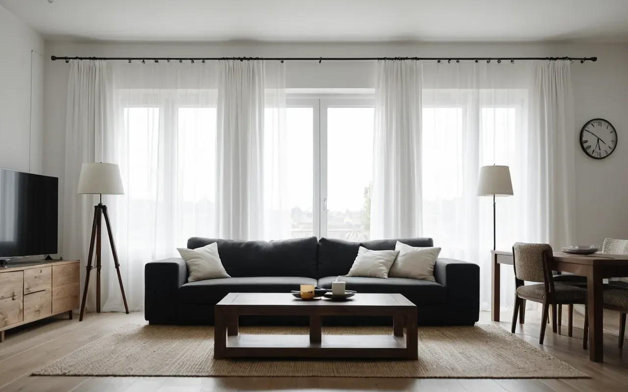 Wide shot of a bright minimalist living room interior with open windows white curtains blowing gently and modern furniture under soft daylight editorial photography style