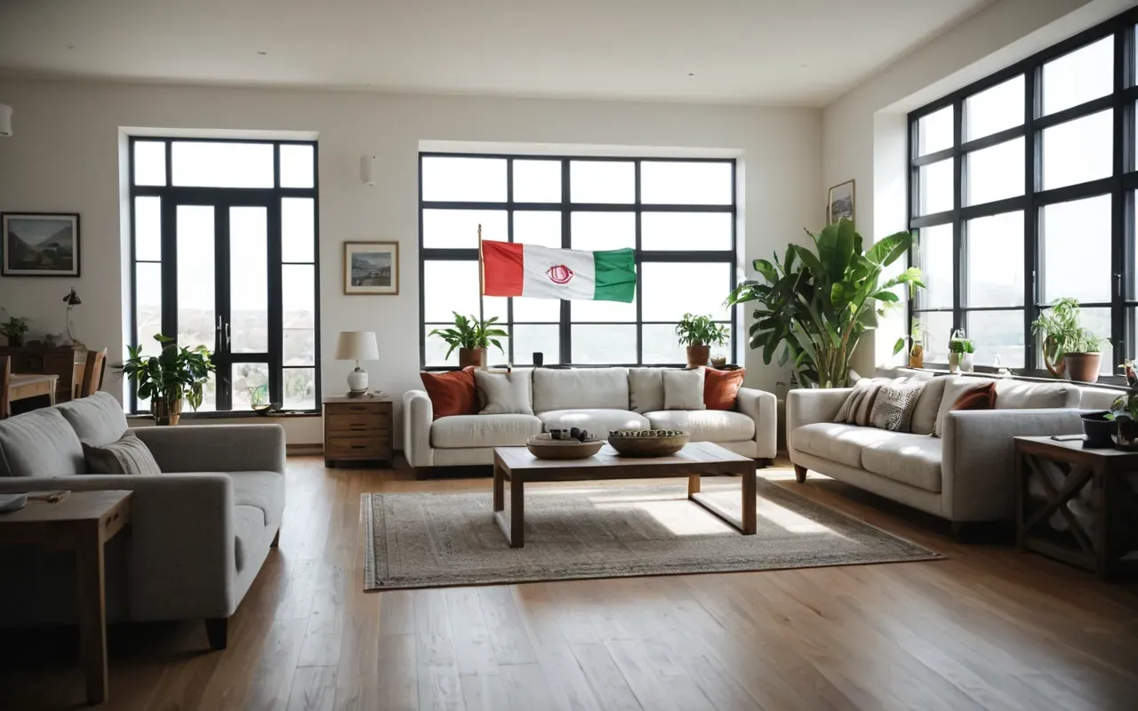 Wide shot of a bright modern living room with large windows, neutral furniture, and a potted plant, filled with soft daylight, no people visible