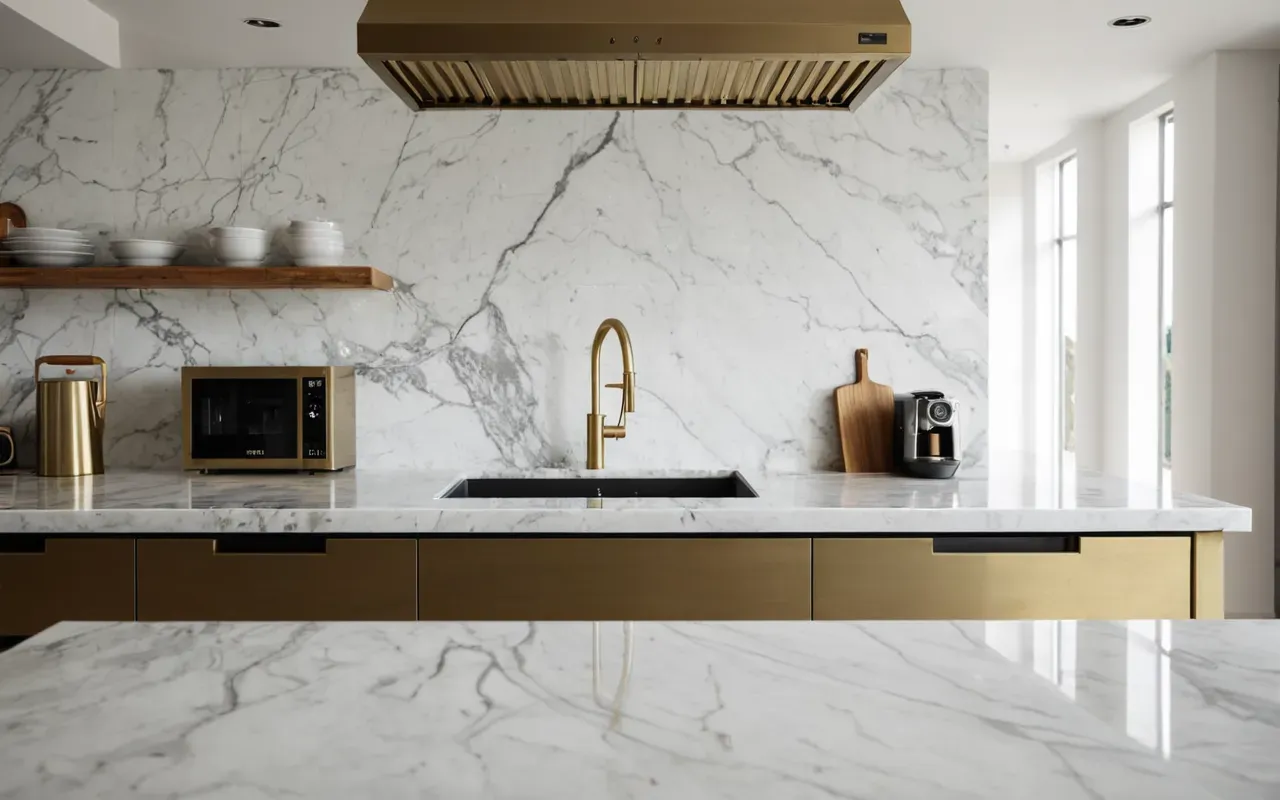 mutfağda koku sorunu Wide shot of a modern minimalist kitchen interior with marble countertops, brushed brass fixtures, soft natural daylight, editorial photography