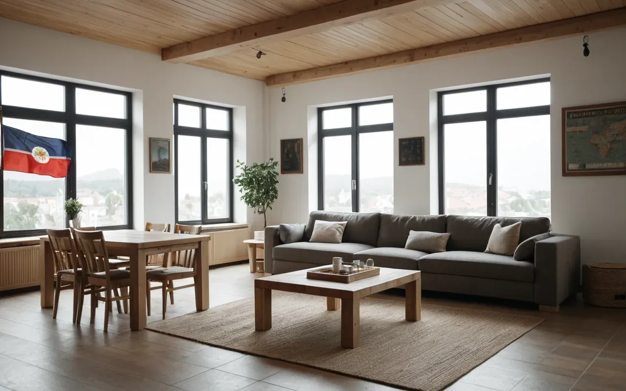 ev dekorasyonu 2026 Wide shot of a modern minimalist living room interior with light wooden furniture, large windows allowing soft natural daylight, neutral beige and white tones, clean editorial photography style, no people, no text