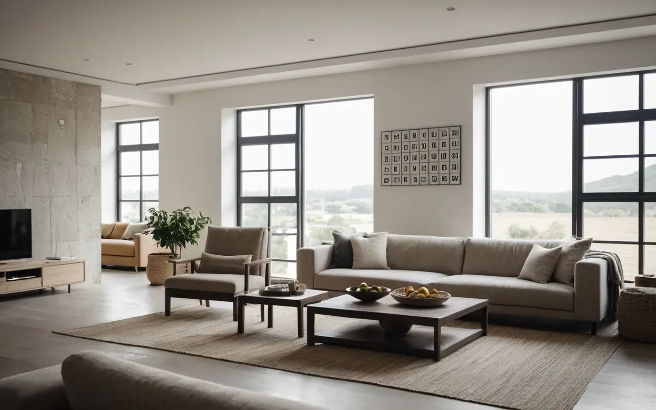 oturma odası ferahlık Wide shot of a modern minimalist living room with large windows, neutral furniture, and soft natural daylight, editorial photography