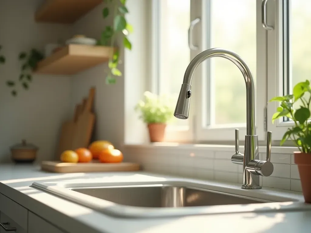 ferah mutfak ortamı A bright airy kitchen interior with open windows letting in fresh morning light. A small potted plant sits near the sink area symbolizing freshness and cleanliness.