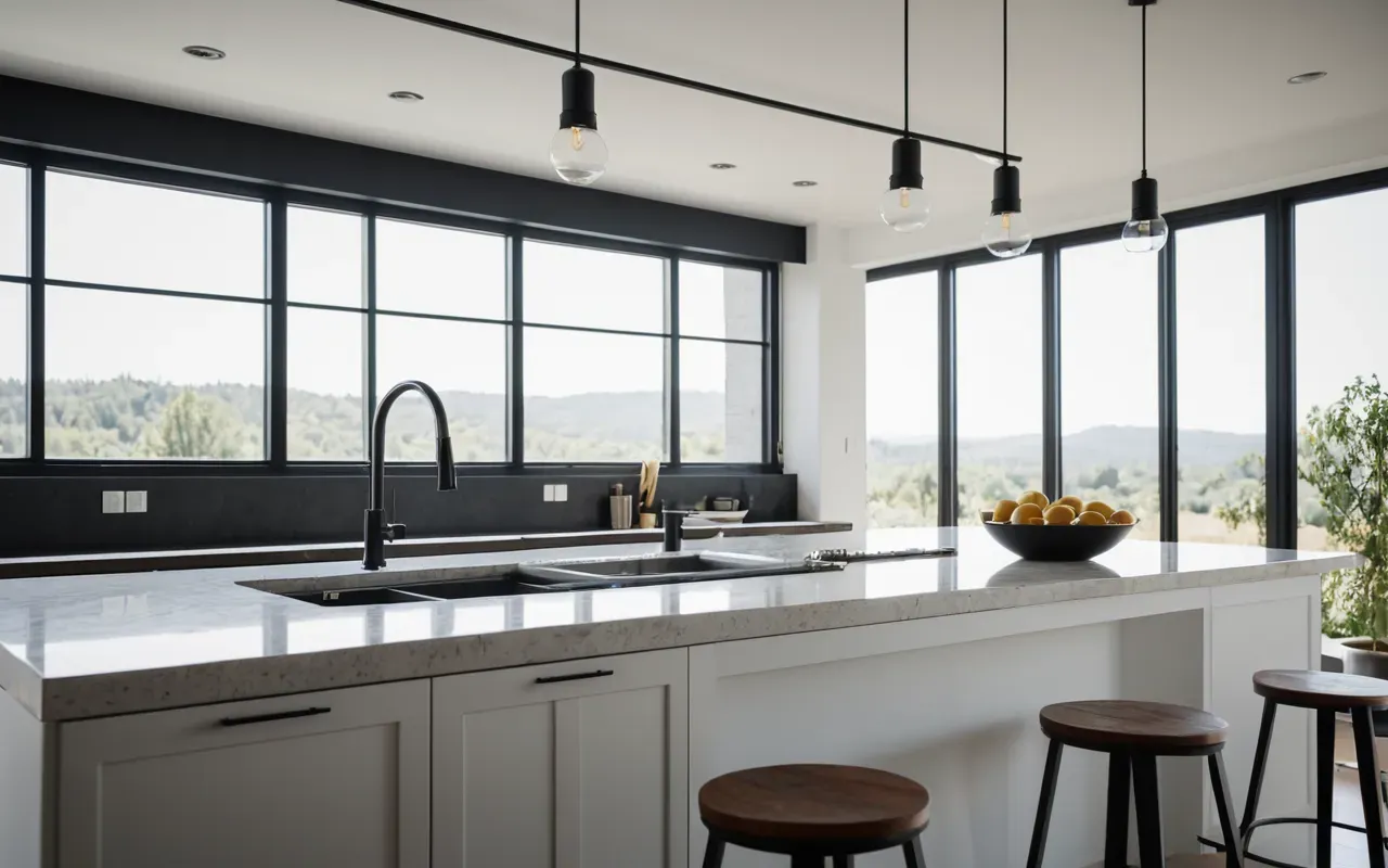 aydınlık mutfak A bright and airy modern kitchen with large windows letting in natural light and a clean organized countertop.
