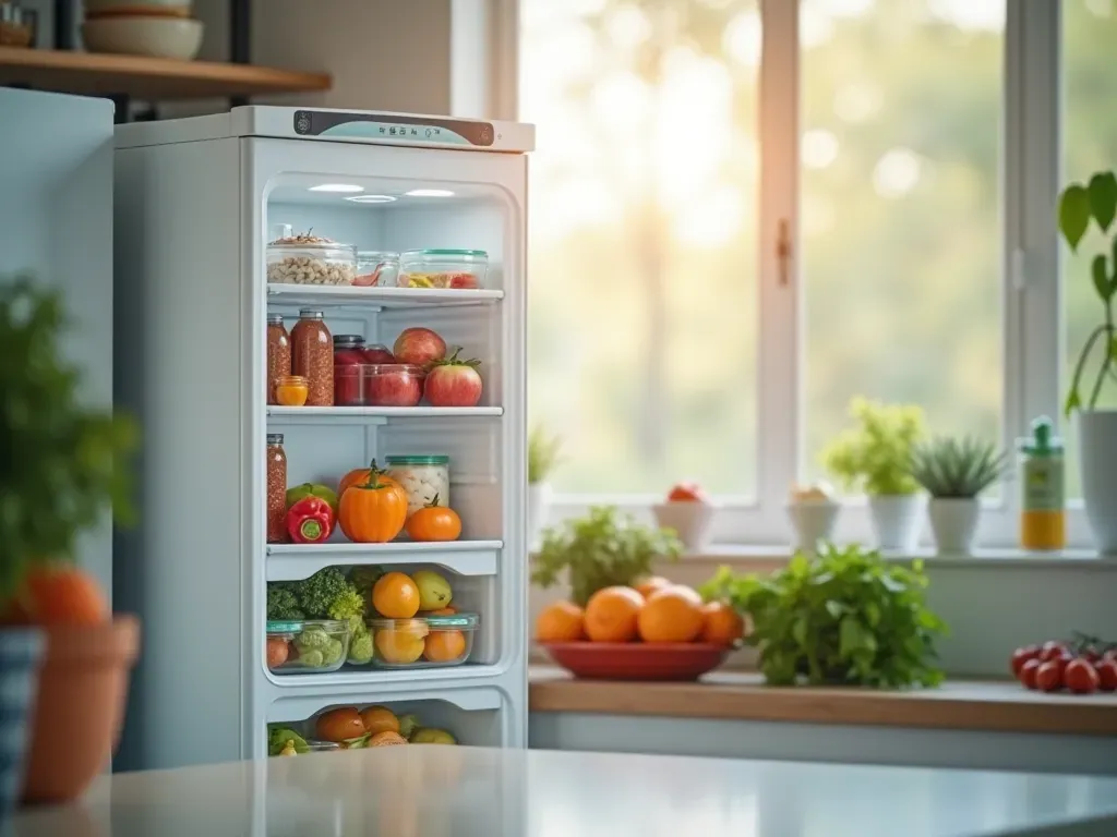 A bright and clean kitchen scene with a modern refrigerator open showing neatly arranged fresh food in glass containers.