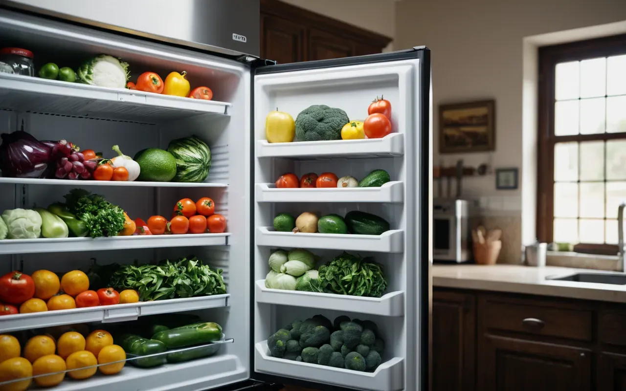temiz buzdolabı A bright kitchen scene showing a clean refrigerator interior with neatly arranged fresh produce and no visible text or labels on containers.