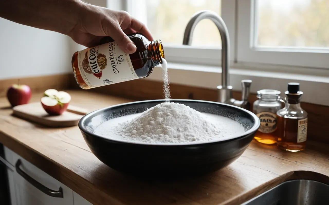 mutfak lavabosu temizlik A bright kitchen scene showing a hand pouring white powder from a glass bowl into a sink drain next to a bottle of apple cider vinegar.
