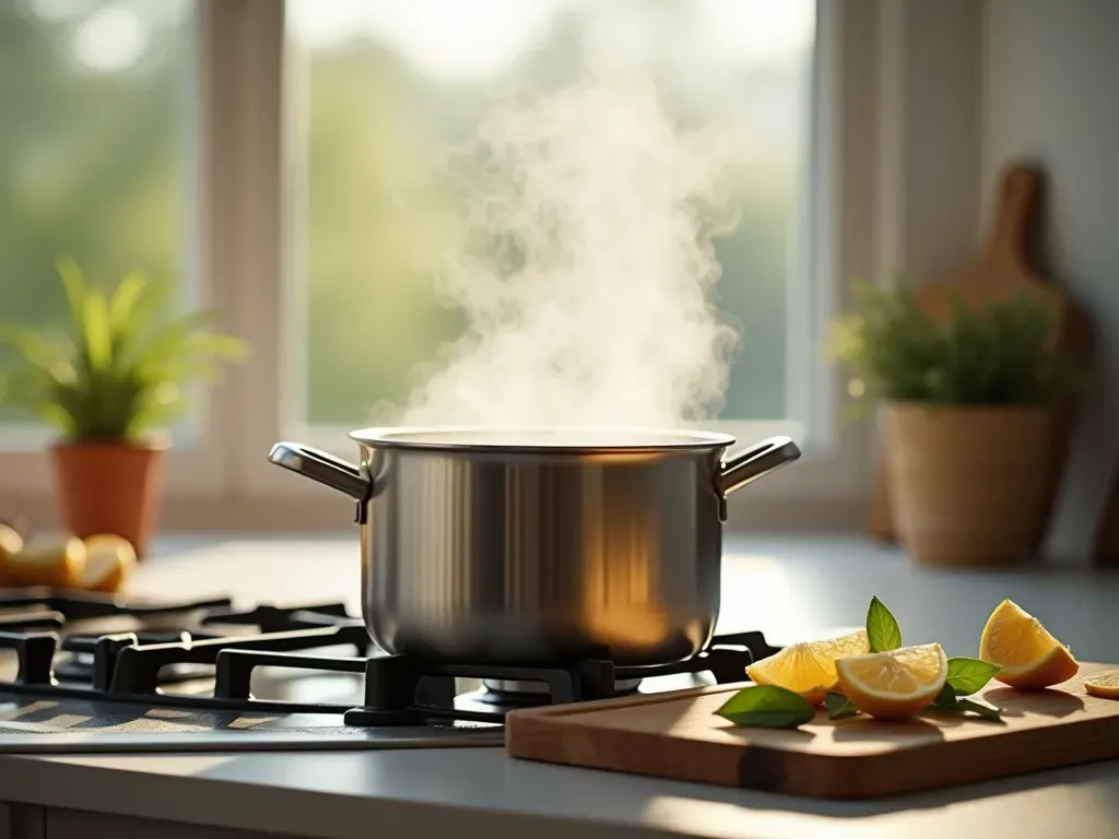 A bright modern kitchen counter with a stainless steel pot simmering on the stove, emitting gentle steam. Fresh lemon slices and bay leaves rest on a wooden cutting board nearby. Soft natural light fills the room, highlighting clean surfaces and a calm atmosphere.