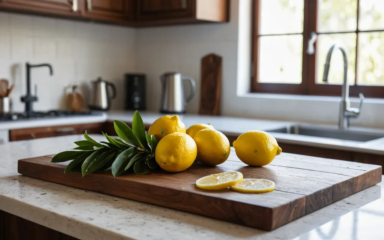 doğal malzemeler koku giderme A bright modern kitchen counter with fresh lemons rosemary sprigs and vanilla beans arranged naturally on a wooden board under soft morning sunlight no text visible in the scene
