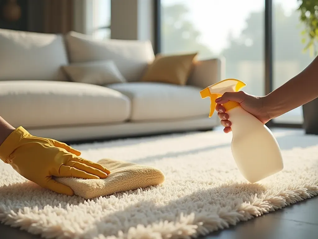 salon temizliği doğal malzemeler A bright modern living room with a large beige sofa and thick rug being cleaned by a person using natural cleaning supplies like baking soda and vinegar in spray bottles.
