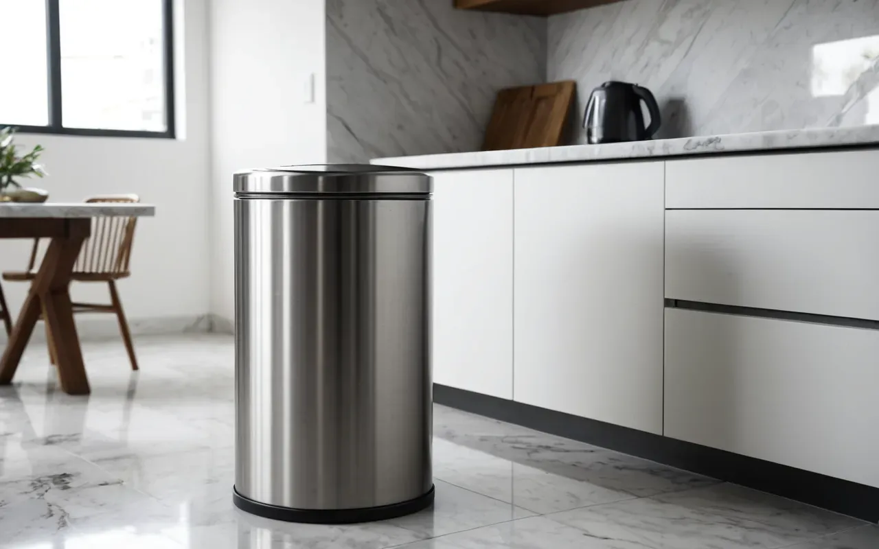 mutfak hijyeni A clean and modern kitchen corner with a sleek stainless steel trash can next to a white marble countertop under soft natural daylight.