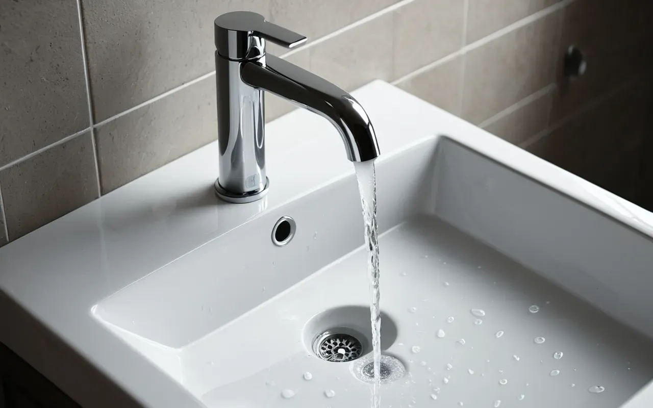 banyo lavabosu temizliği A clean close-up of a modern white ceramic bathroom sink with a chrome faucet and clear water droplets on the surface, soft diffused lighting.