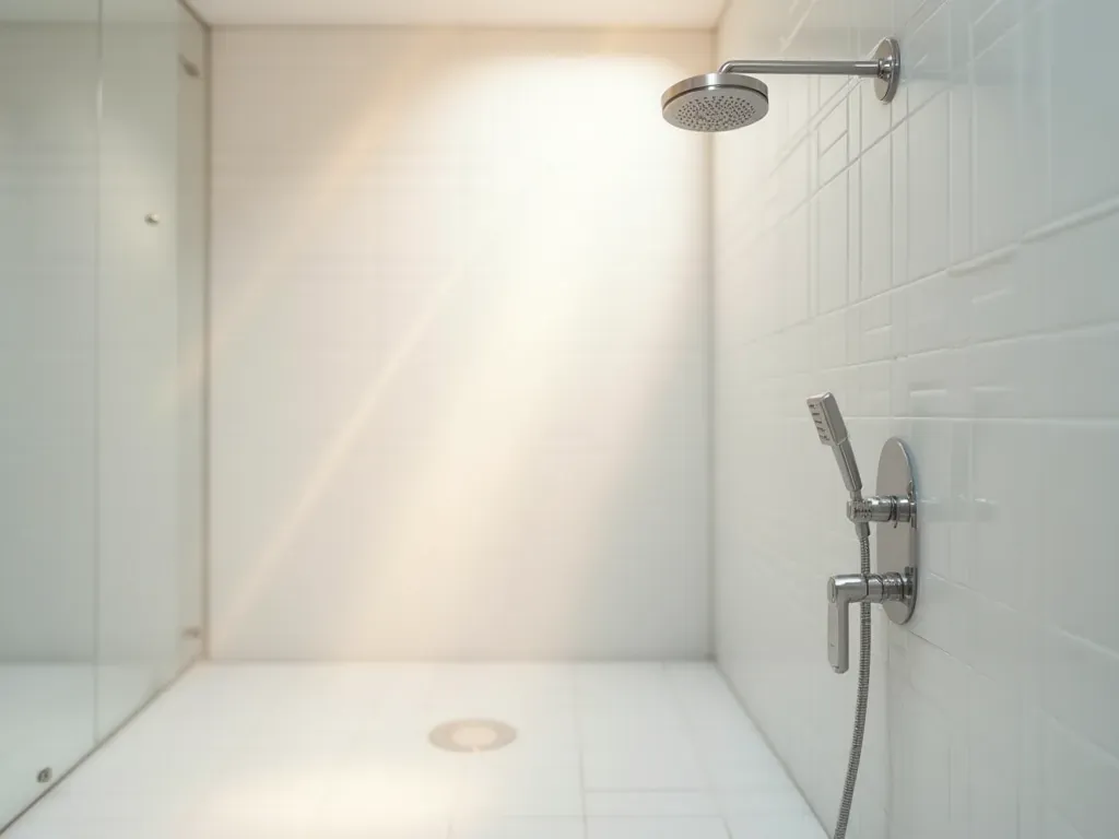 banyo hijyeni A clean modern bathroom interior with white tiles and a silver shower head. Steam is gently rising from the drain area indicating humidity control. Soft warm lighting creates a fresh hygienic atmosphere.
