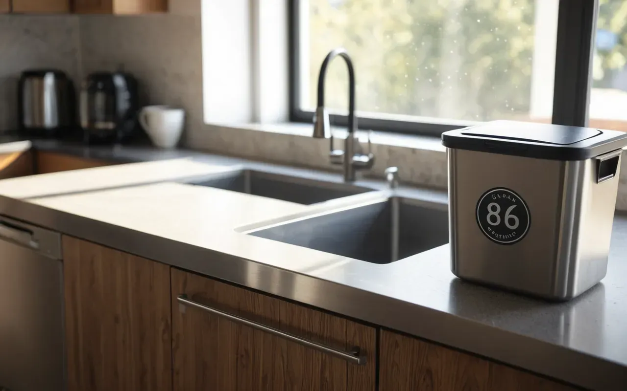 A clean modern kitchen counter with a stainless steel trash bin in the background. Bright natural sunlight streams through a window illuminating dust particles floating in the air creating a sense of freshness and hygiene without any text or branding visible.